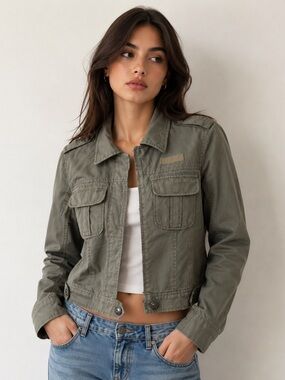 Miss Sixty Utility Jacket Size Medium 100% Cotton Olive Green Military Y2K Fall